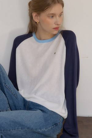투톤 린넨 래글런 니트 - Navy