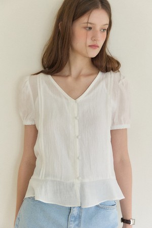 OURHOPE] V-Neck Pintuck Shirring Blouse - White
