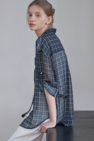 릴렉스드 에어리 시어 체크 셔츠 - Black