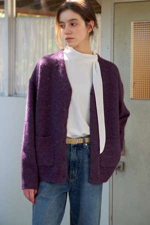 헤어리 울 루즈핏 버튼 가디건 - Grape