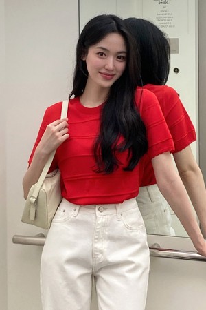 리앤 웨이브 반팔 니트 레드