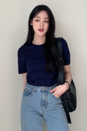 리앤 웨이브 반팔 니트 네이비