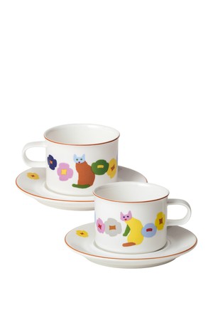 [한국도자기 X 웜그레이테일] 캣츠앤플라워스 머그 & 소서 2인 세트 4p