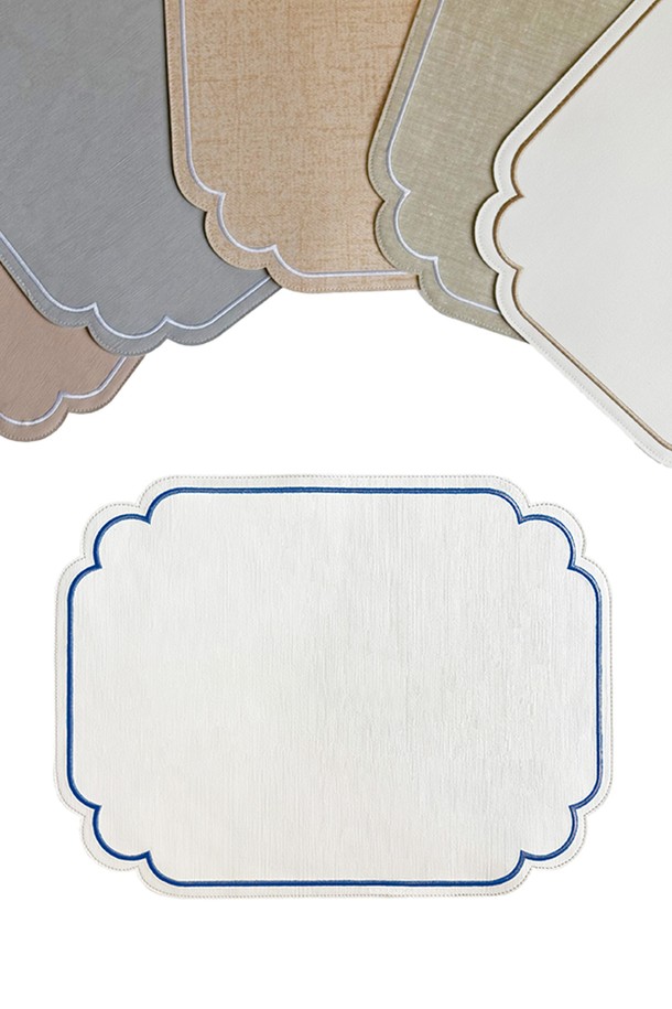 [트위그 뉴욕] 라네 자수 매트 6color는 모던하고 베이직한 스타일의 테이블 매트입니다. 인조가죽과 PVC 소재로 제작되었으며, 45cm x 34cm 크기로 식탁 매트 또는 테이블 데코레이션 용도로 사용됩니다. 베이지 리넨, 코랄 리넨, 아이보리 네이비, 아이보리 아몬드, 그레이, 핑크 베이지 6가지 색상으로 출시되었으며, 각 컬러별로 다른 자수 패턴이 적용되어 있습니다. 특히, 그레이와 핑크 베이지 컬러는 내추럴한 가죽 질감 패턴을 사용하여 고급스러움을 더했습니다. 바닥면에는 미끄럼 방지 처리가 되어 있어 실용적이며, 1매씩 개별 판매됩니다.
