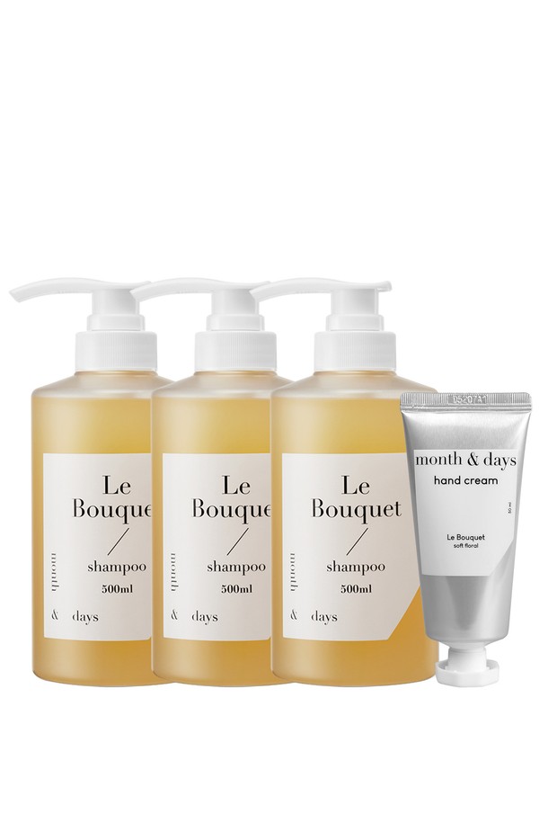 [먼스앤데이즈/단독] 3SET 르 부케(플로럴향) 샴푸+핸드크림 세트는 싱그럽고 은은한 플로럴 향을 선사하는 헤어 & 바디 케어 세트입니다. 탑 노트 시트러스, 베르가못, 레몬의 상큼함과 미들 노트 튤립, 난초, 프리지아, 백합, 장미의 풍성한 플로럴 향이 조화롭게 어우러집니다. 샴푸는 식물성 세정 성분과 녹차, 마디풀, 병풀 추출물, 판테놀을 함유하여 두피 진정, 민감성 두피 케어, 데미지 케어, 두피 장벽 보호에 도움을 줍니다. 핸드크림은 시어버터, 세라마이드, 해바라기씨오일, 올리브오일 성분으로 피부 보습과 보호, 진정 효과를 선사합니다. 르 부케 향기는 3-4시간 지속되며, 데일리 케어를 통해 향긋함을 즐기세요.
