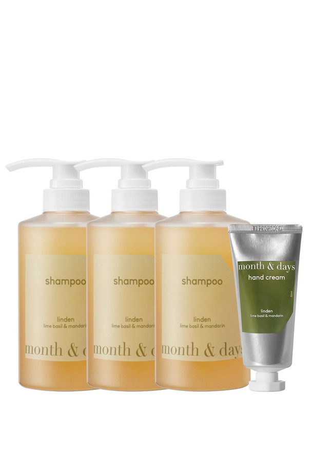 [먼스앤데이즈/단독] 3SET 린든(라임앤바질) 샴푸+핸드크림은 두피 클렌징과 모발 보습, 손상 모발 케어, 두피 장벽 케어에 도움을 주는 샴푸와 은은한 향의 핸드크림 세트입니다. 린든 라임앤바질 샴푸는 풍성한 거품과 식물성 세정 성분, 저자극 처방으로 민감성 두피도 안심하고 사용할 수 있으며, 버드나무껍질추출물, 쇠비름추출물 등 5가지 주요 성분을 함유했습니다. 탑노트 라임, 베르가못 등의 싱그러운 향과 미들노트 바질, 라벤더 등 플로럴 향, 베이스노트 베티버, 시더우드 등의 은은한 향이 조화롭게 어우러져 지중해의 정취를 선사합니다. 2% 향료 농도로 하루 종일 은은한 향을 즐길 수 있으며, 젖은 모발과 두피에 적당량을 도포하여 부드럽게 마사지한 후 깨끗이 헹구어 사용합니다. 세트로 구성되어 더욱 합리적인 가격으로 만나보세요.
