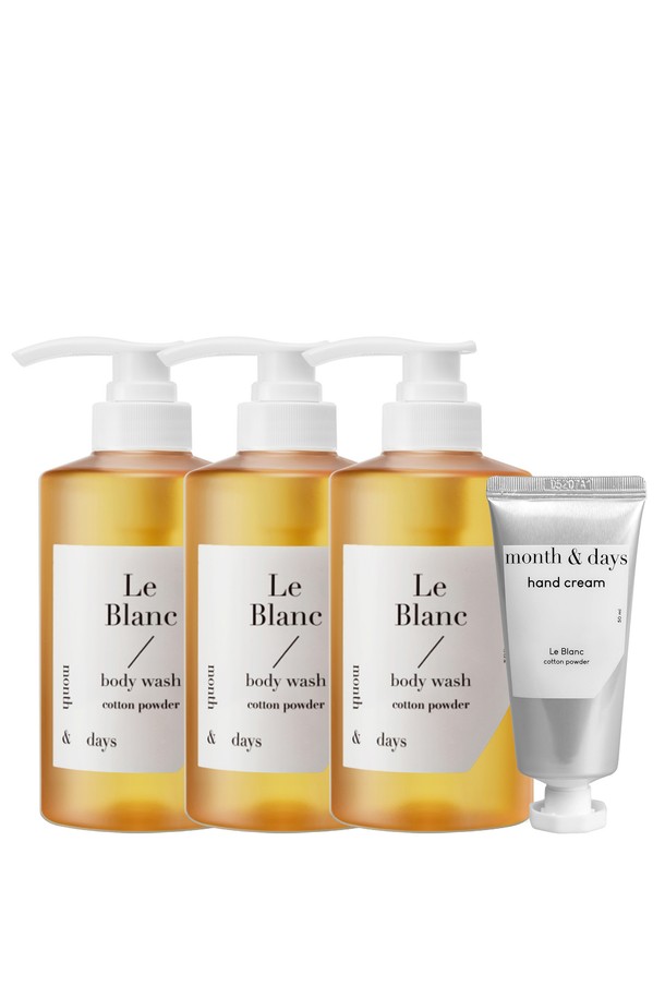 [먼스앤데이즈/단독] 3SET 르 블랑(베이비파우더향) 바디워시+핸드크림은 은은하고 포근한 베이비 파우더 향으로 기분 좋은 샤워 시간을 선사합니다. 탑 노트의 베르가못을 시작으로 아이리스, 라벤더, 레몬블라썸 등 다채로운 미들 노트가 조화롭게 어우러지며, 머스크, 바닐라, 앰버의 베이스 노트로 마무리되어 깊이 있는 잔향을 남깁니다. 판테놀, 녹차추출물, 세라마이드 등 7가지 주요 성분이 함유되어, 순하고 촉촉하게 피부를 세정하고 보습과 진정 효과를 제공합니다. 크리미한 텍스처와 미세 거품으로 부드럽게 사용 가능하며, 바디워시(500ml)와 핸드크림(50ml)으로 구성되어 꼼꼼한 바디 케어를 도와줍니다. 
