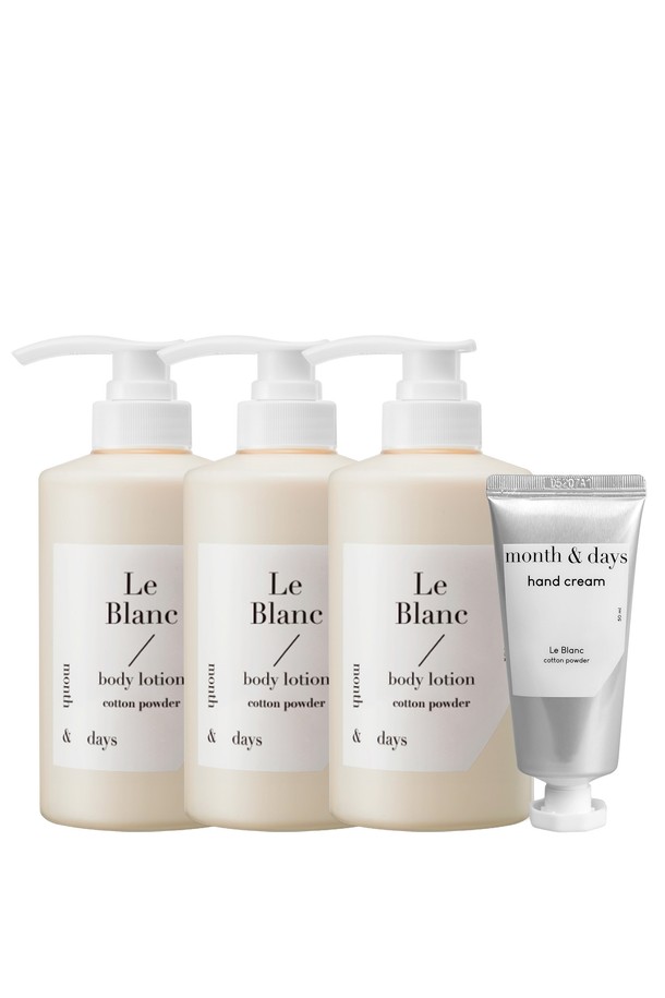 [먼스앤데이즈/단독] 3SET 르 블랑(베이비파우더향) 바디로션과 핸드크림 세트입니다. 은은하고 포근한 베이비파우더향이 특징이며, 보습에 도움을 주는 바디로션과 핸드크림으로 구성되어 있습니다. 3세트로 구성되어 있어 넉넉하게 사용 가능합니다. 르 블랑 시리즈로, 일상생활에서 간편하게 사용할 수 있습니다.

