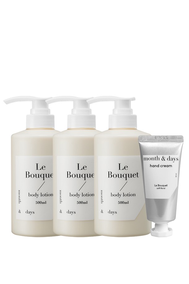[먼스앤데이즈/단독] 3SET 르 부케(플로럴향) 바디로션+핸드크림은 시트러스, 베르가못, 레몬, 튤립, 난초, 프리지아, 백합, 장미, 앰버, 머스크의 다채로운 향을 담았습니다. 가볍고 산뜻한 제형의 바디로션(500ml)과 핸드크림(50ml)은 시어버터, 해바라기씨오일, 마카다미아씨오일 등 11가지 주요 성분으로 보습, 피부장벽 강화, 항산화 효과를 제공합니다. 끈적임 없이 부드럽게 흡수되며, 2% 향료 농도로 3-4시간 지속되는 은은한 플로럴 향을 경험할 수 있습니다. 민감성 피부도 안심하고 사용할 수 있으며, 샤워 후 살짝 젖은 피부에 바르면 더욱 촉촉함을 느낄 수 있습니다.
