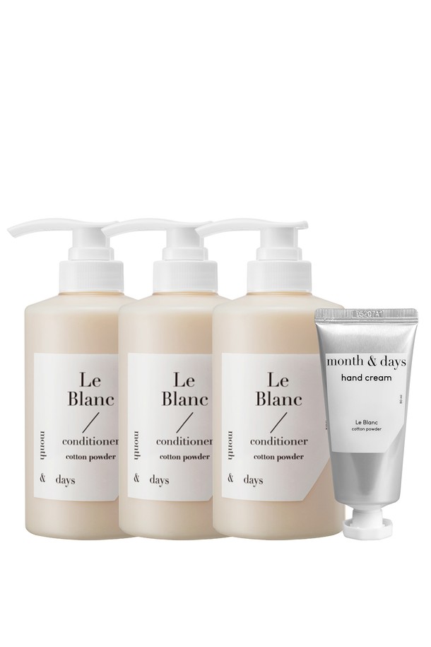 [먼스앤데이즈/단독] 3SET 르 블랑(베이비파우더향) 컨디셔너+핸드크림 세트는 헤어와 핸드케어를 위한 보습 제품으로, 컨디셔너와 핸드크림으로 구성되어 있습니다. 은은한 베이비파우더향이 특징이며, 화이트와 베이지 컬러의 제품으로 만나볼 수 있습니다. 르 블랑 라인으로, 3세트 구성으로 제공되어 넉넉하게 사용 가능합니다. 부드럽고 촉촉한 사용감으로 데일리 케어에 적합합니다.
