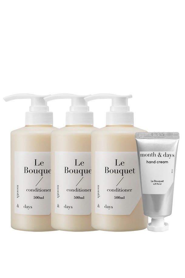 [먼스앤데이즈/단독] 3SET 르 부케(플로럴향) 컨디셔너 & 핸드크림 세트는 시어버터, 세라마이드 등 풍부한 보습 성분과 천연 추출물을 함유하여 피부에 영양을 공급하고 보호해주는 제품입니다. 29% 향료 함유로 은은하고 지속력 있는 플로럴향을 선사하며, 시트러스와 머스크 향이 조화롭게 어우러져 매력적인 잔향을 남깁니다. 핸드크림 50ml와 컨디셔너 500ml로 구성되어 있으며, 핸드크림은 수시로, 컨디셔너는 매일 사용 가능합니다. 피부과 테스트를 완료하여 민감한 피부에도 안심하고 사용할 수 있으며, 프리미엄 향수 품질로 향수를 뿌린 듯한 만족감을 줍니다.
