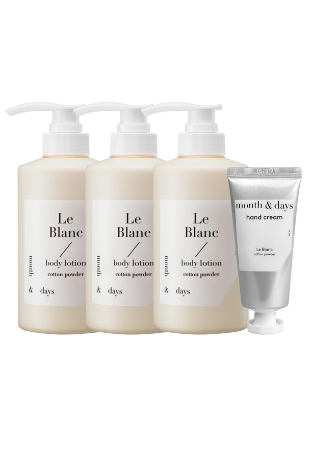 [먼스앤데이즈/단독] 3SET 르 블랑(베이비파우더향) 바디로션과 핸드크림 세트입니다. 은은하고 포근한 베이비파우더향이 특징이며, 보습에 도움을 주는 바디로션과 핸드크림으로 구성되어 있습니다. 3세트로 구성되어 있어 넉넉하게 사용 가능합니다. 르 블랑 시리즈로, 일상생활에서 간편하게 사용할 수 있습니다.
