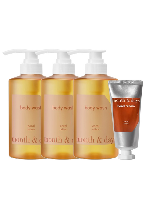 [먼스앤데이즈/단독] 3SET 코랄(감귤과 허브향) 바디워시+핸드크림 세트입니다. 감귤과 허브 향의 조화가 은은하게 퍼져 산뜻한 사용감을 선사합니다. 녹차추출물, 마치현추출물, 병풀추출물 등 주요 성분이 함유되어 보습, 진정, 세정 효과를 제공합니다. 민감성 피부도 안심하고 사용할 수 있으며, 29% 향료 농축으로 하루 종일 향기가 지속됩니다. 바디워시는 타월이나 스펀지에 적당량을 덜어 거품을 내어 전신에 사용하고, 핸드크림으로 촉촉하게 마무리하세요.
