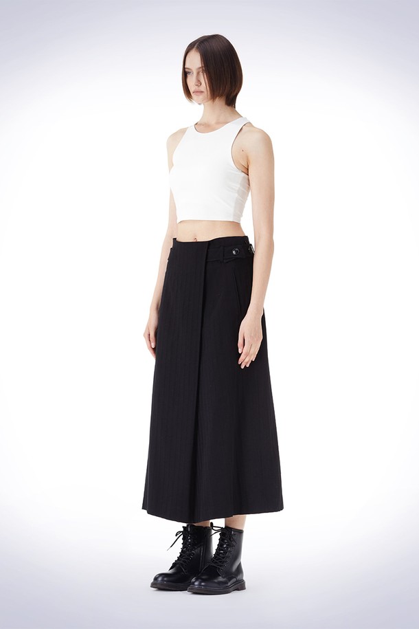 HAUS 072C - 롱스커트 - DIAGONAL TUCK BELT SKIRT BLACK