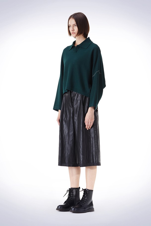 HAUS 072C - 스웨터 - OVERFIT COLLAR CROP KNIT DARK GREEN