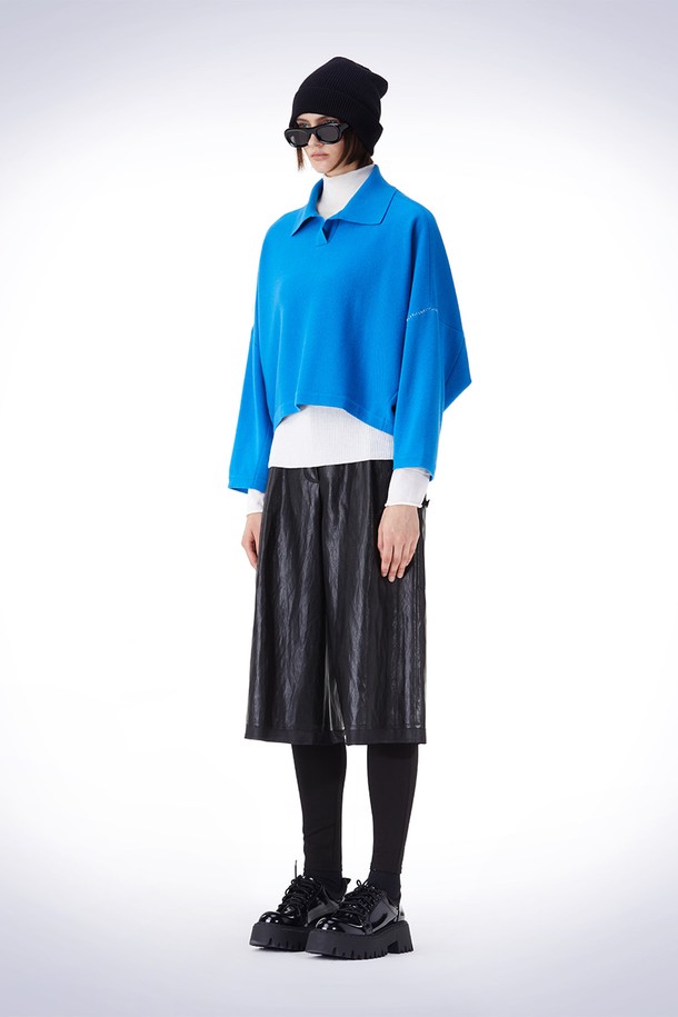 HAUS 072C - 스웨터 - OVERFIT COLLAR CROP KNIT BLUE