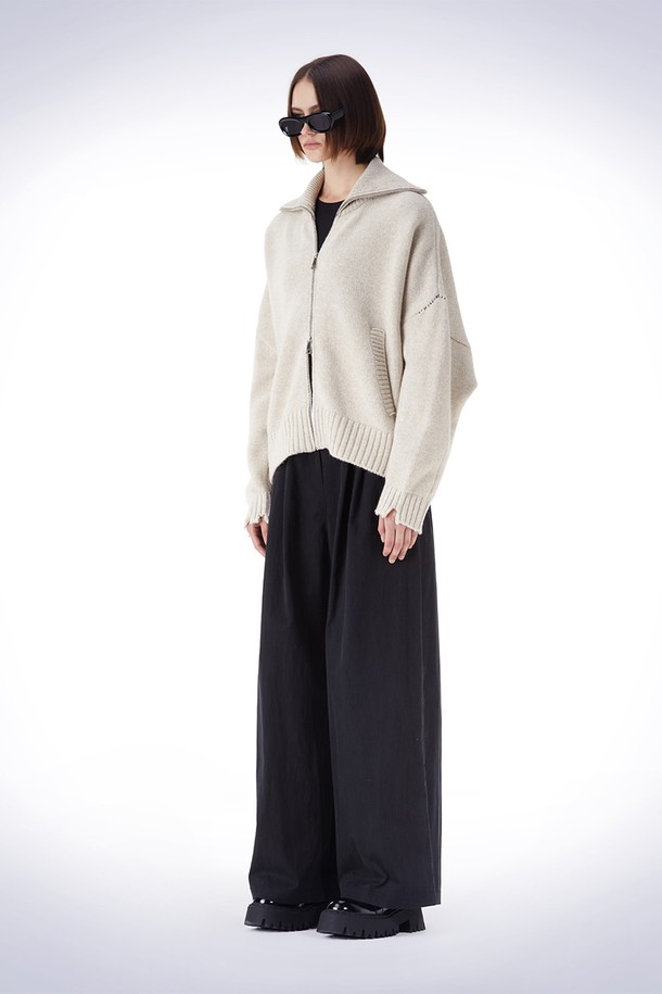 HAUS 072C - 가디건 - DAMAGE HIGH-NECK KNIT CARDIGAN  IVORY