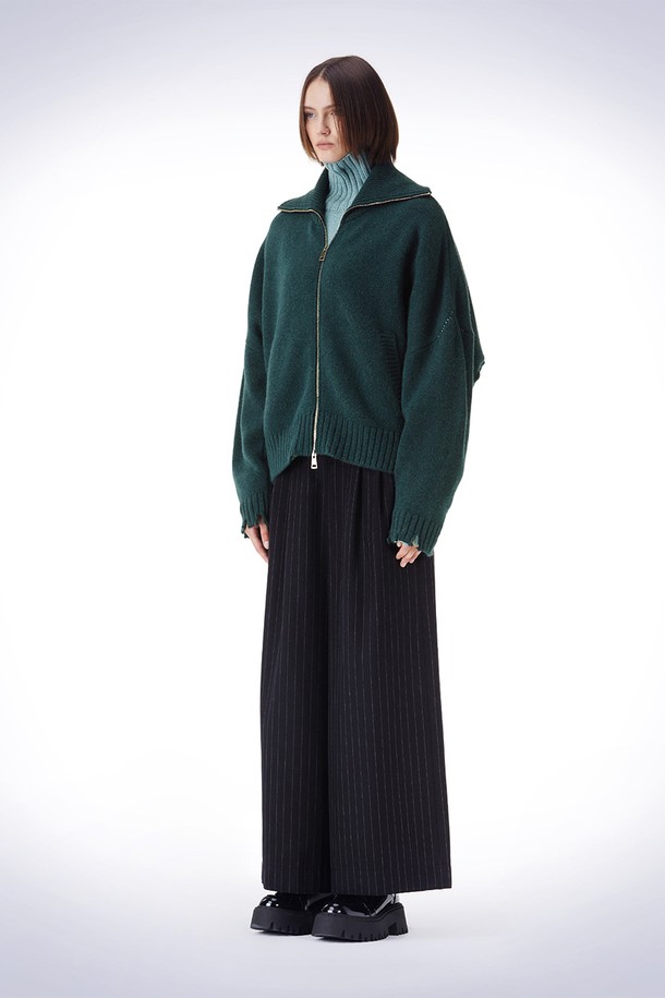 HAUS 072C - 가디건 - DAMAGE HIGH-NECK KNIT CARDIGAN  DARK GREEN