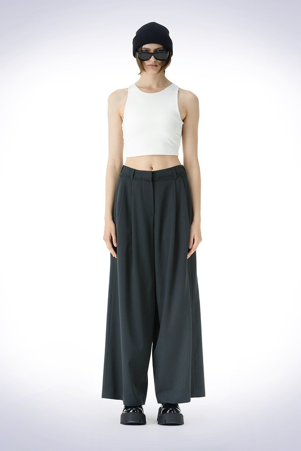 HAUS 072C - 롱/미디팬츠 - WAIST DETAIL WIDE WOOL PANTS DARK GREEN