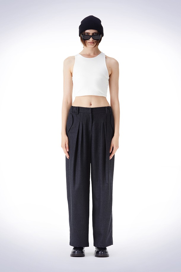 HAUS 072C - 롱/미디팬츠 - BELT POINT WOOL TUCK WIDE PANTS DARK GREY