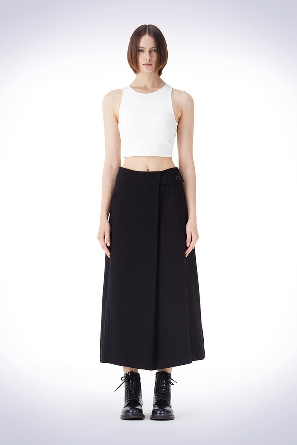 HAUS 072C - 롱스커트 - DIAGONAL TUCK BELT SKIRT BLACK