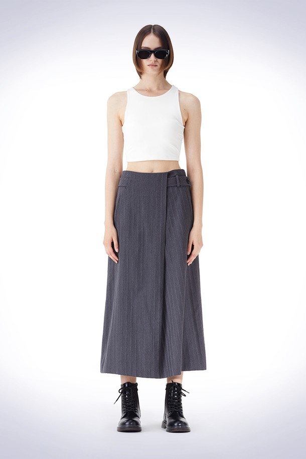 HAUS 072C - 롱스커트 - DIAGONAL TUCK BELT SKIRT GREY