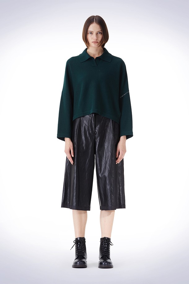 HAUS 072C - 스웨터 - OVERFIT COLLAR CROP KNIT DARK GREEN