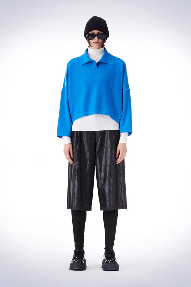 HAUS 072C - 스웨터 - OVERFIT COLLAR CROP KNIT BLUE