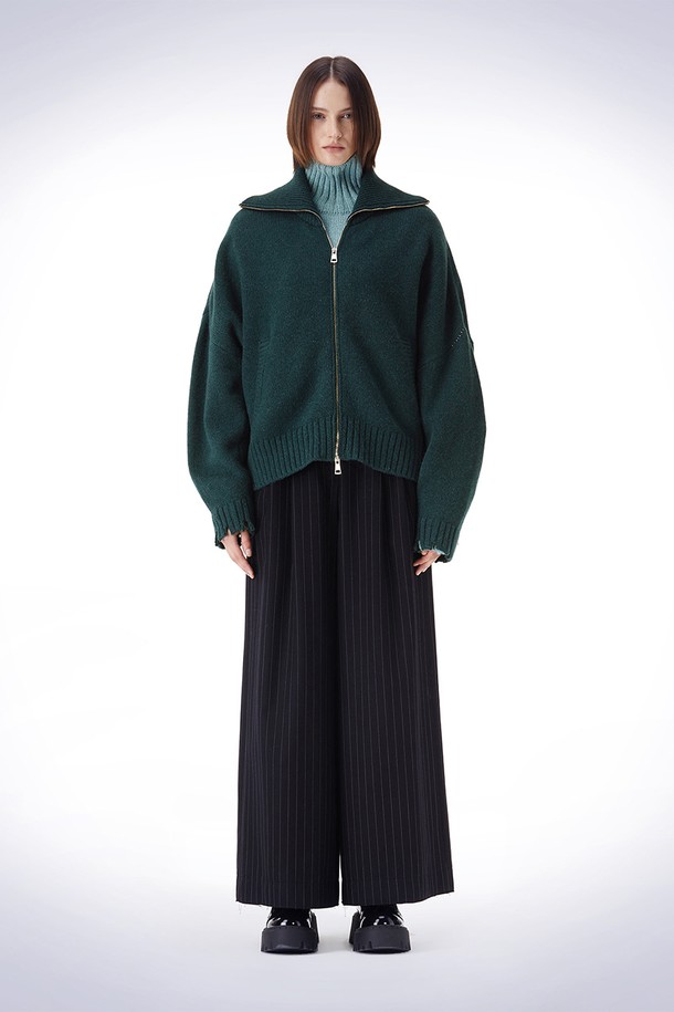 HAUS 072C - 가디건 - DAMAGE HIGH-NECK KNIT CARDIGAN  DARK GREEN