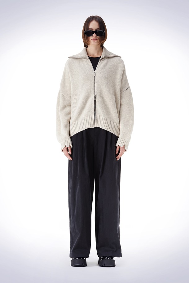 HAUS 072C - 가디건 - DAMAGE HIGH-NECK KNIT CARDIGAN  IVORY