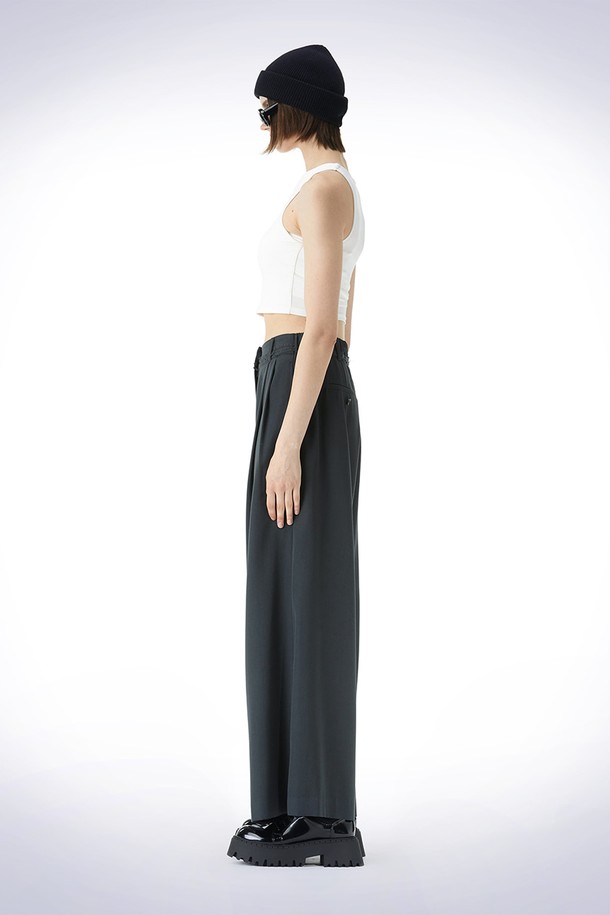 HAUS 072C - 롱/미디팬츠 - WAIST DETAIL WIDE WOOL PANTS DARK GREEN