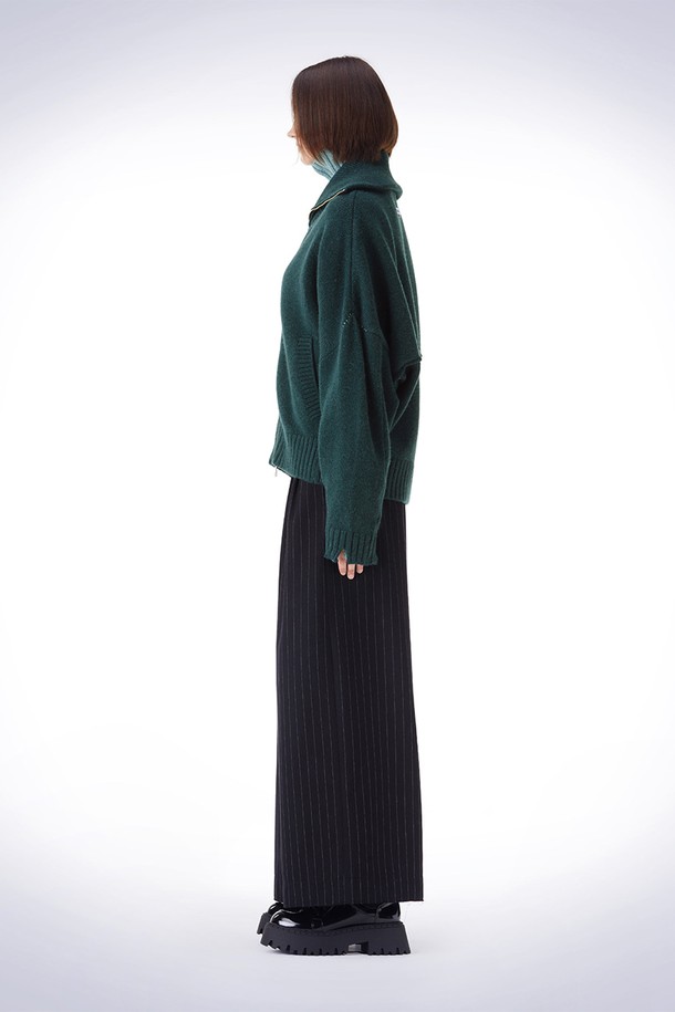 HAUS 072C - 가디건 - DAMAGE HIGH-NECK KNIT CARDIGAN  DARK GREEN