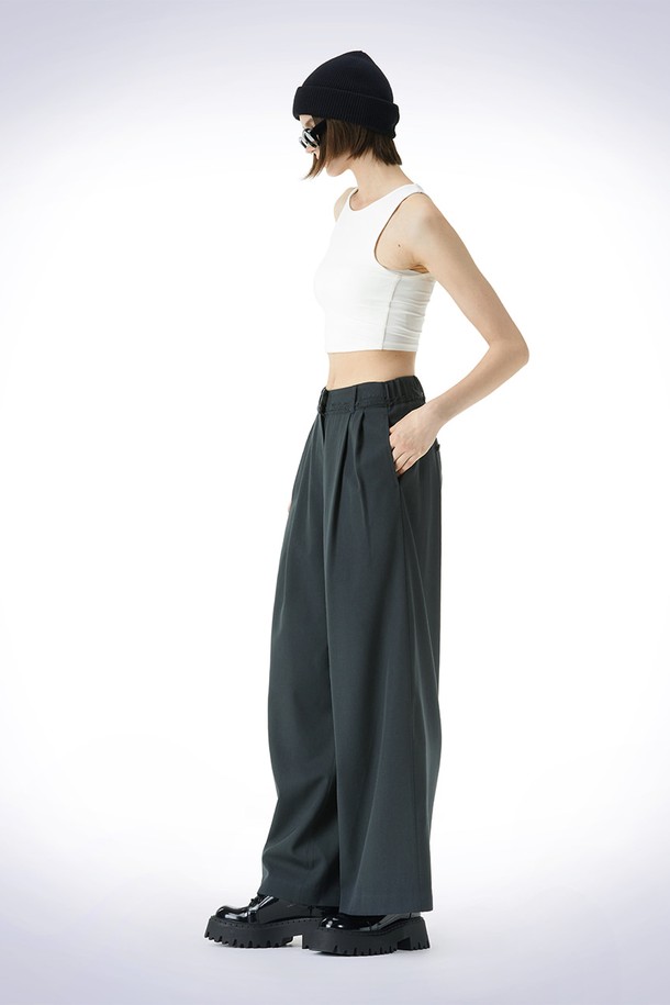 HAUS 072C - 롱/미디팬츠 - WAIST DETAIL WIDE WOOL PANTS DARK GREEN