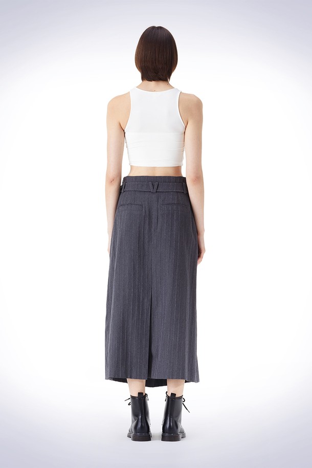 HAUS 072C - 롱스커트 - DIAGONAL TUCK BELT SKIRT GREY