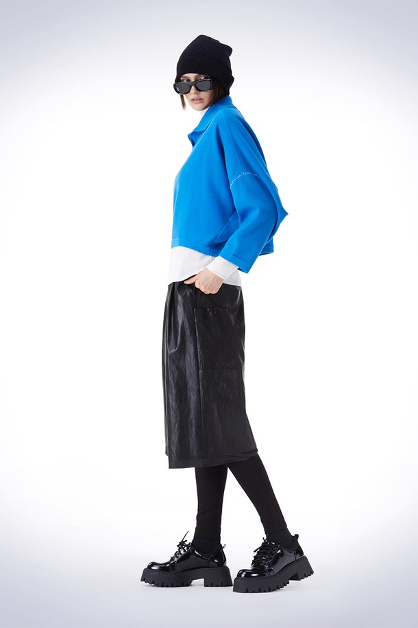 HAUS 072C - 스웨터 - OVERFIT COLLAR CROP KNIT BLUE