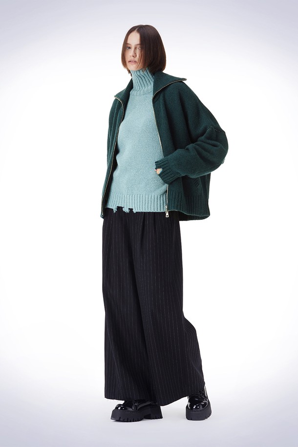 HAUS 072C - 가디건 - DAMAGE HIGH-NECK KNIT CARDIGAN  DARK GREEN