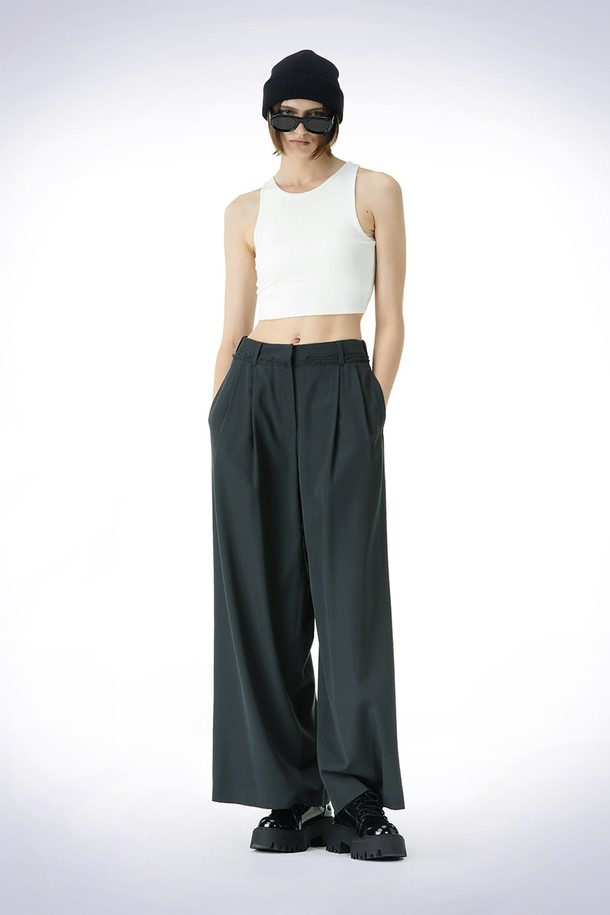 HAUS 072C - 롱/미디팬츠 - WAIST DETAIL WIDE WOOL PANTS DARK GREEN