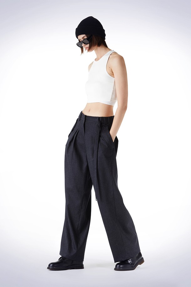 HAUS 072C - 롱/미디팬츠 - BELT POINT WOOL TUCK WIDE PANTS DARK GREY