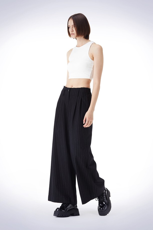 HAUS 072C - 롱/미디팬츠 - ROUGH CUT STRIPE WIDE PANTS BLACK