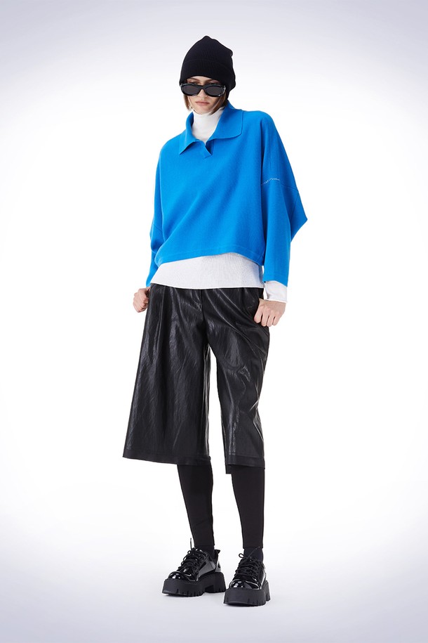 HAUS 072C - 스웨터 - OVERFIT COLLAR CROP KNIT BLUE