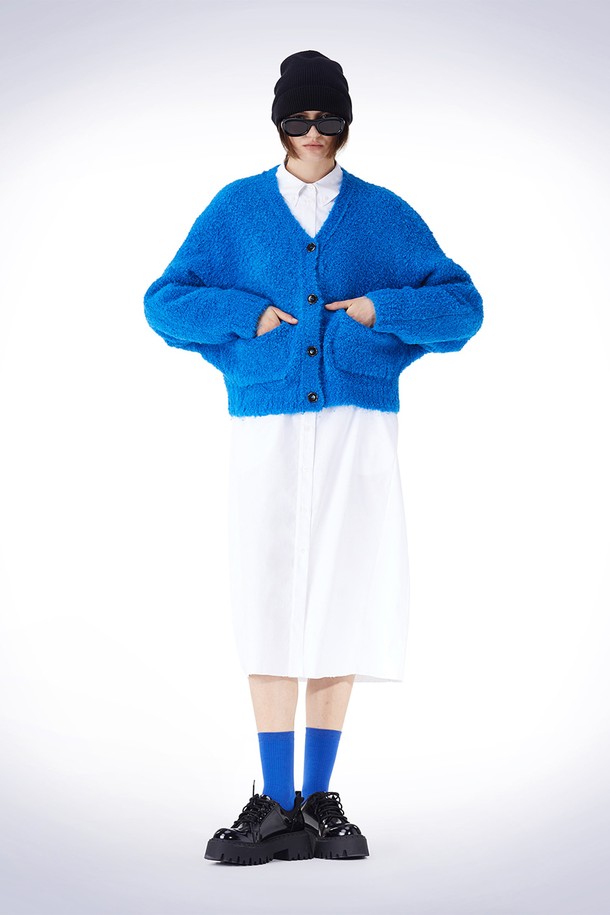 HAUS 072C - 가디건 - BOUCLE V-NECK CARDIGAN  BLUE