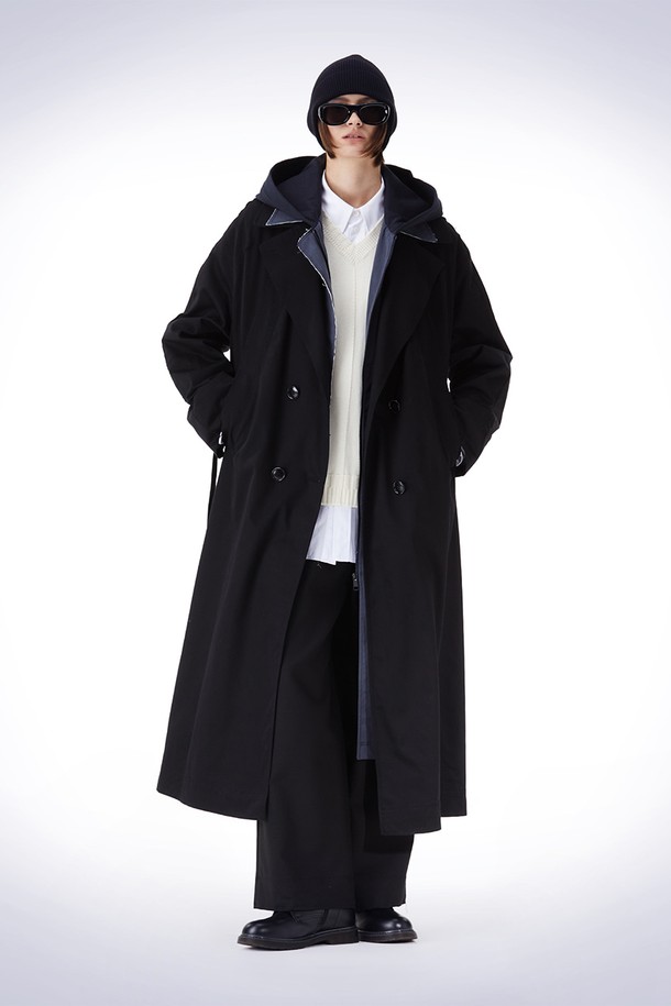 HAUS 072C - 코트 - DETACHABLE HOODY TRENCH COAT BLACK