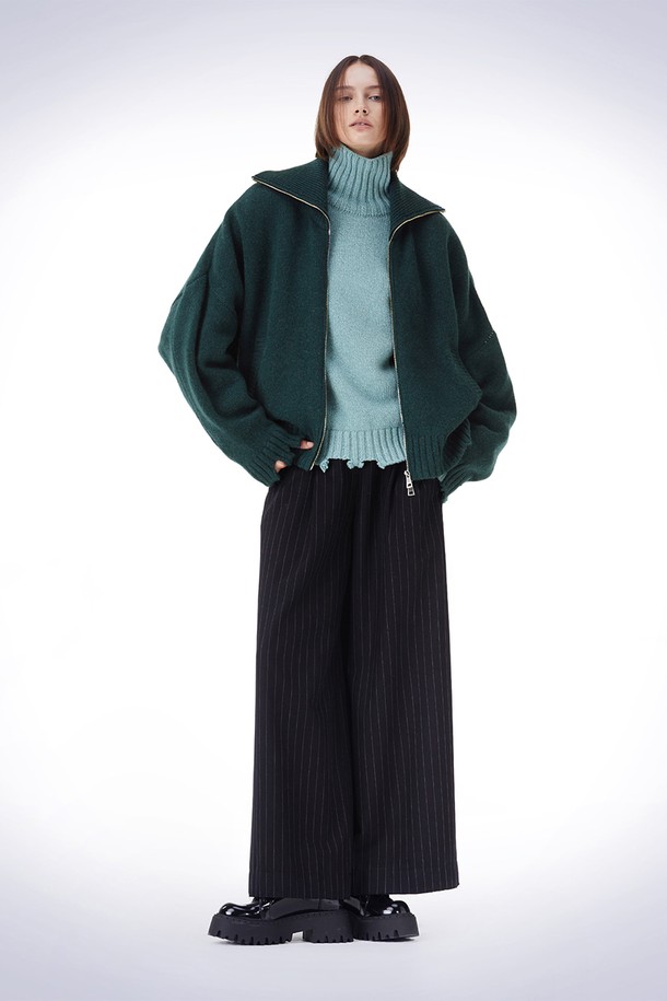 HAUS 072C - 가디건 - DAMAGE HIGH-NECK KNIT CARDIGAN  DARK GREEN