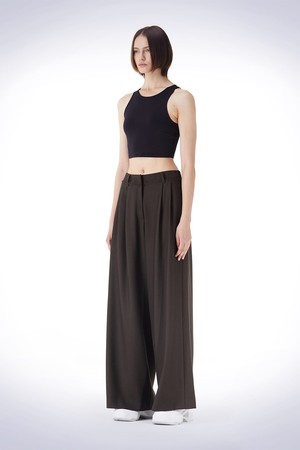 WAIST DETAIL WIDE WOOL PANTS BROWN