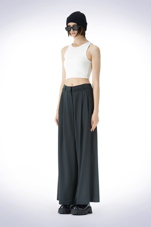 WAIST DETAIL WIDE WOOL PANTS DARK GREEN