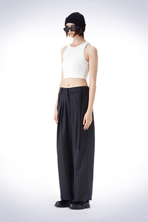 BELT POINT WOOL TUCK WIDE PANTS DARK GREY