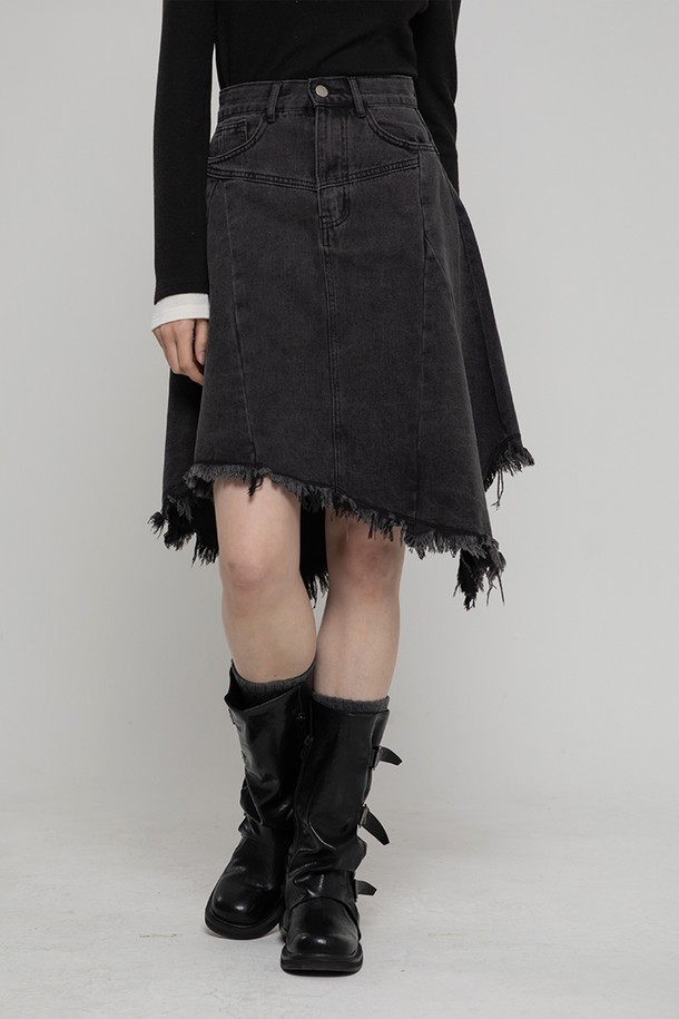 MORELIKEIT - 미디스커트 - UNBALANCE CUT DENIM FLARE MIDI SKIRT BLACK