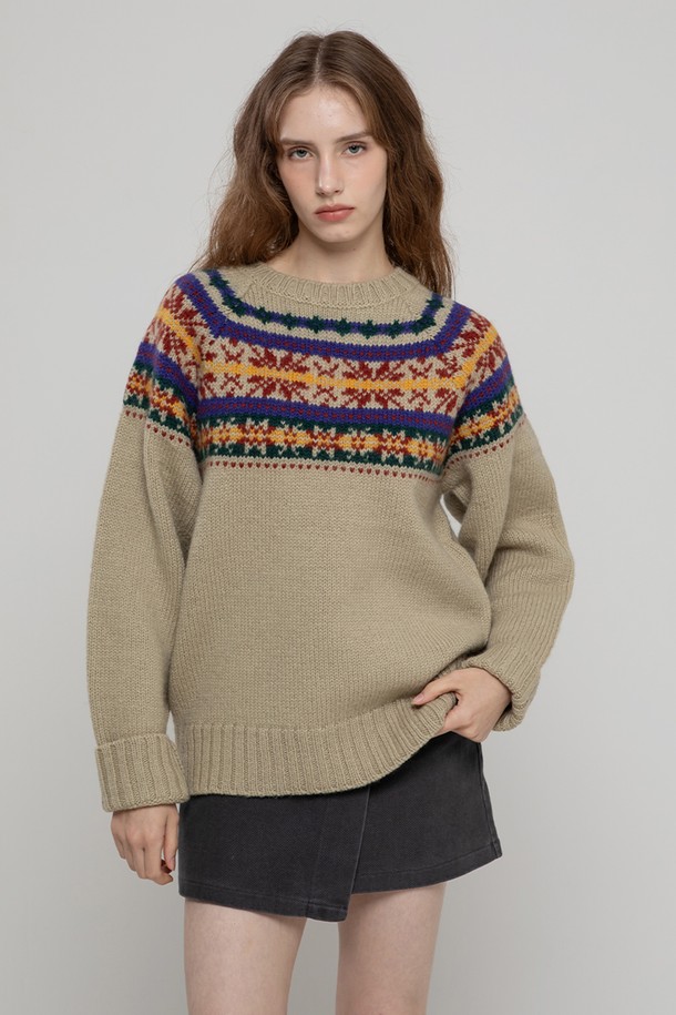 MORELIKEIT - 스웨터 - WOOL100 SNOW FLOWER LOOSEFIT LONG PULLOVER BEIGE