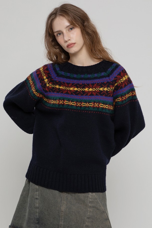 MORELIKEIT - 스웨터 - WOOL100 SNOW FLOWER LOOSEFIT LONG PULLOVER NAVY