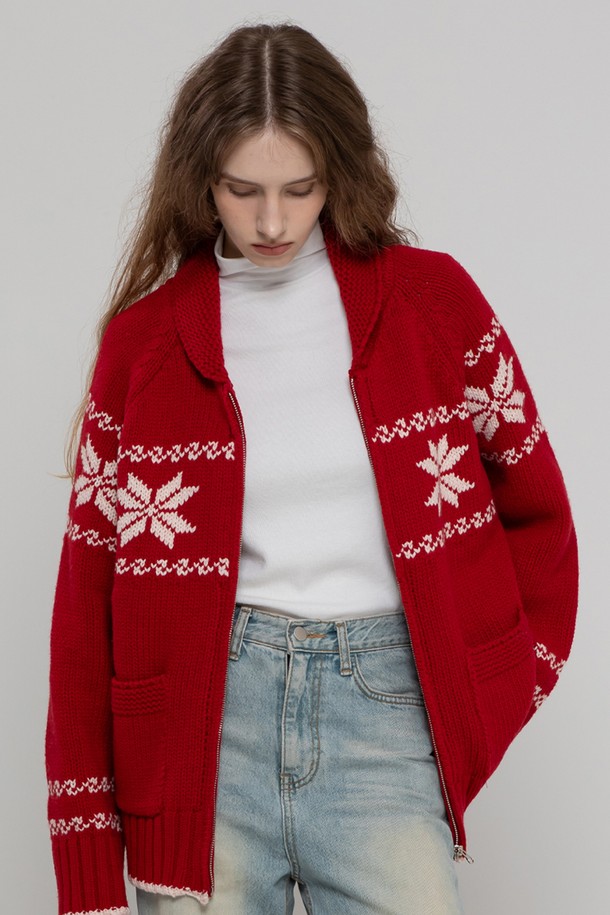 MORELIKEIT - 가디건 - WOOL70 NORDIC MIDI ZIPUP KNIT CARDIGAN RED